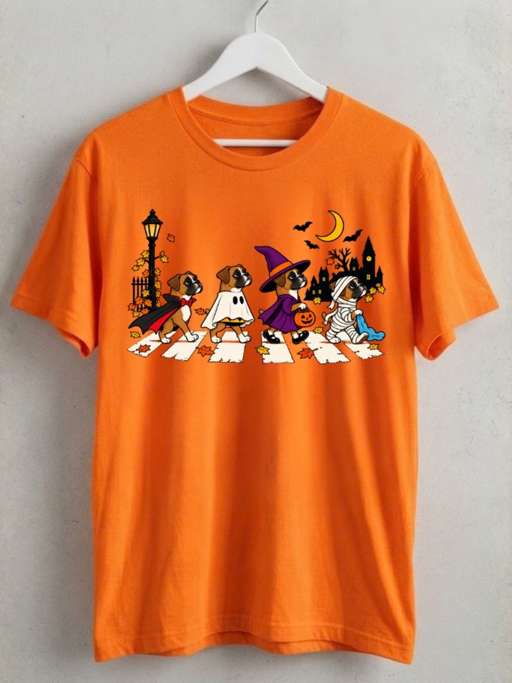 Boxer Dog Halloween Abbey Road Dracula Ghost Witch Mummy Orange T-Shirt